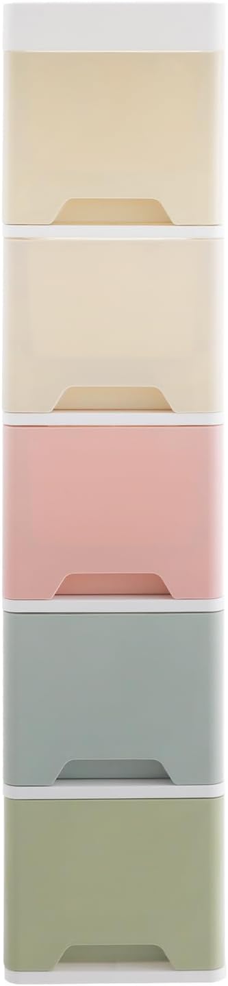 5-Tier Slim Bathroom Storage Cabinet with Wheels, Narrow Plastic Drawer Organizer Cart, Colorful Storage Cart for Bathroom, Kitchen, Laundry Small Spaces 7.09"x14.96"x32.68"