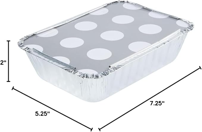 Restaurantware 16 Ounce Disposable Takeout Containers 50 Rectangle Food Containers - With Polka Dot Lids Silver Takeaway Containers Aluminum Delivery Containers Freezable