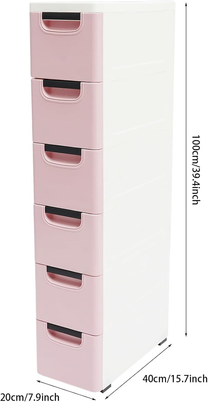 6 Drawers Plastic Storage Cabinet, Mobile Slim Utility Cart on Wheels, for Narrow Space Office Classroom Bedroom Bathroom (Pink)