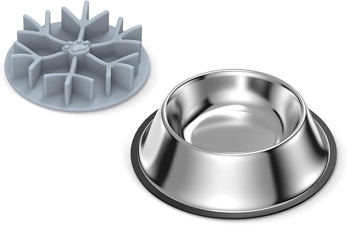 2-in-1 Metal Dog Bowl with Slow Feeder Insert, Food Grade 304 Slow Feeder Dog Bowls, Non-Slip Bottom, Pet Slower Food Feeding Bowls for Increases Feeding Time, Reduces Digestive Problems (M)