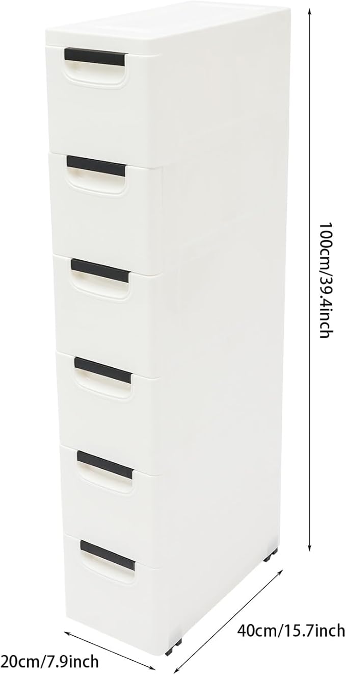 6 Drawers Plastic Storage Cabinet, Mobile Slim Utility Cart on Wheels, for Narrow Space Office Classroom Bedroom Bathroom (White)