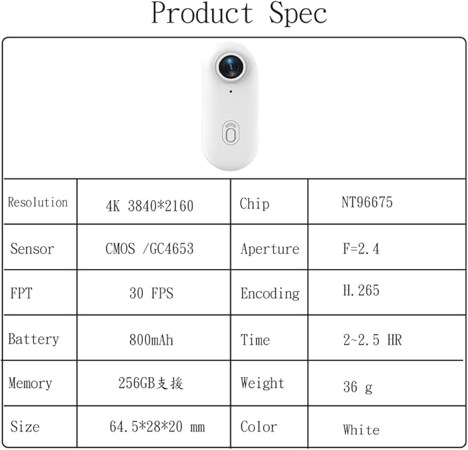 4K Mini Action Camera, Included 64GB, Wearable Camera with 360°Rotatable Clip & Magnetic Clip, for Lecture, Traveling, Pet Walking and Outdoors Activities JS-10B White