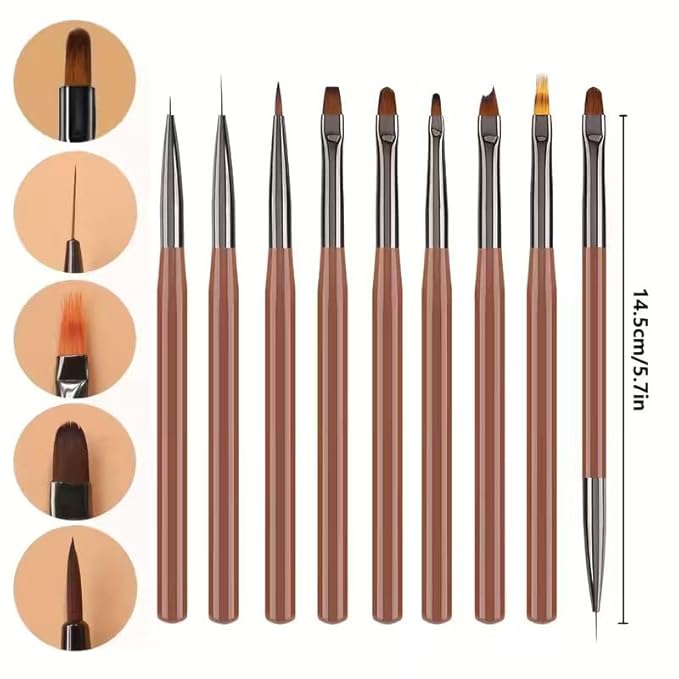 9Pcs Multi-Functional Nail Art Brush Set, Professional Brushes for Gel Polish, French Tip, Ombre, Liner & Clean Up, Manicure Tools for DIY & Salon Nail Design Tools-Brown