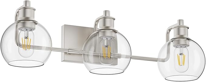 Tipace Brushed Nickel Modern Bathroom Vanity Light Fixtures Over Mirror Glass Globe 3 Lights Industrial Vanity Lights Farmhouse Bath Lighting(Exclude Bulb)