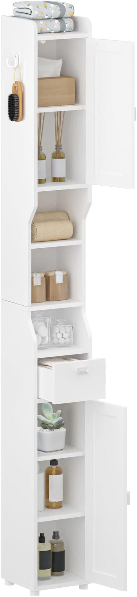 Bathroom Storage Cabinet, Narrow Tall Bathroom Cabinet, Freestanding Floor Cabinets with 2 Doors and 1 Drawer, Toilets Organizer with Adjustable Shelf, 1 Hook for Small Spaces, White