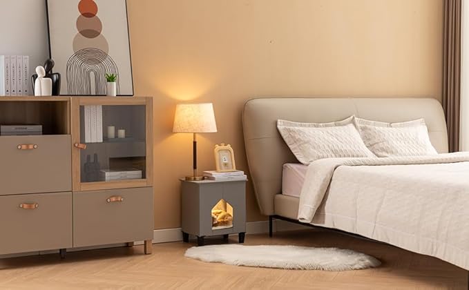 Cat House for Indoor Cats Condo,Cat Furniture with Large Area Scratch Pad,Leather Cat Bed Side Table & Nightstand for Living Room and Bedroom Decoration,Grey