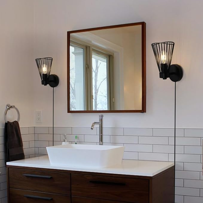 Plug in Wall Sconce Indoor Large Industrial Wall Sconces Farmhouse Wall Lamp with Plug in Cord Vintage Black Wall Lights with On/Off Switch Wall Light Fixture for Living Room Bedroom Rustic