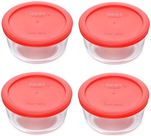 Pyrex (4 7201 4-Cup Clear Glass Bowls and (4) 7201-PC Red Plastic Lids - Made in USA