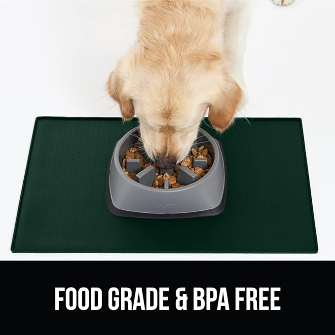 Gorilla Grip Slow Feeder Dog Bowl and Pet Feeding Mat, 4 Cups Dogs Pet Bowls Slip Resistant in Sage Color, Dog Food Mats Size 18.5x11.5 Waterproof Placemats in Hunter Green Color, 2 Item Bundle
