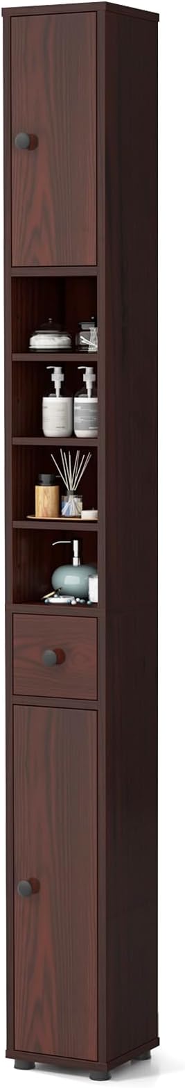 LDAILY 71”Tall Narrow Storage Cabinet, Skinny Bathroom Storage with 1 Drawer, 2 Doors, 5 Adjustable Shelves and Anti-Tipping Device, Wooden Slim Bathroom Cabinet for Office, Kitchen, Small Space