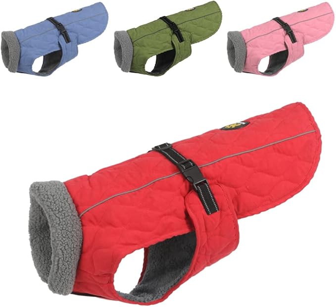 Dog Jackets, Furry Collar Winter Coats for Dogs with Fleece Lining, Water Resistant Reflective Winter Dog Jackets, Adjustable Warm Windproof Pet Coats for Large Dogs, Red L