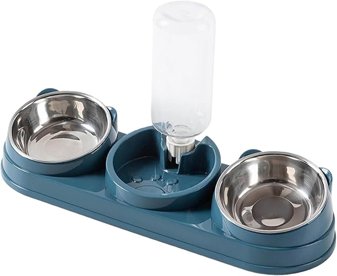 Elevated Cat Bowl Set, 15° Raised Cat Food and Water Bowl with Dispenser, Pet Dishes for Indoor Cats, Small Medium Dogs & Rabbit Feeding, Anti-Vomiting, Slow Feeder (Blue)