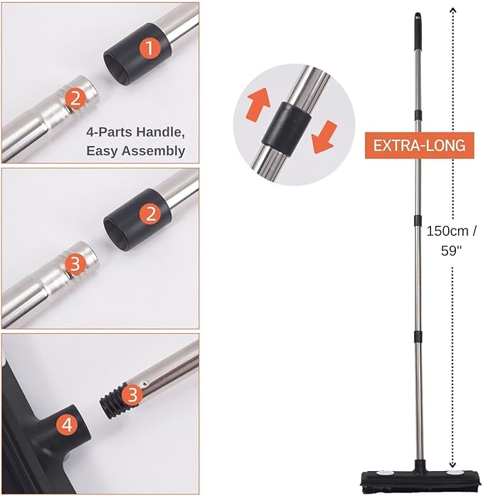 Pet Hair Remover Carpet Rake X 2 Reusable Rubber Broom with Squeegee for Sweeping Pet Hair Removal Tool 59" Long Handle Cat and Dog Hair Remover for Rugs, Carpet, Hardwood Floor, Tile