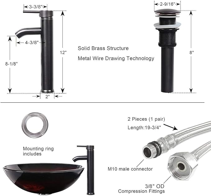 eclife 60" Modern Bathroom Vanity Sink Combo Freestanding Cabinet with Small Side Cabinet, Brown Round Glass Vessel Sink, Water Save Faucet, Drain (Black+A09)