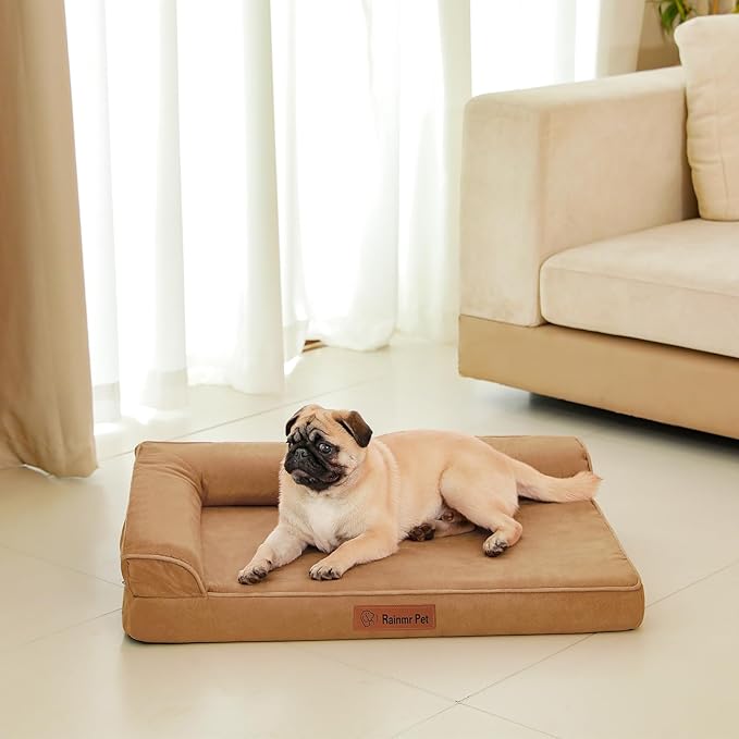 Orthopedic Memory Foam Dog Bed, Removable Washable Microsuede Cover, TPU Waterproof Liner, Nonskid Bottom, for Indoor, Outdoor, Crate & Car Use, 35x23x6 Inches, Khaki