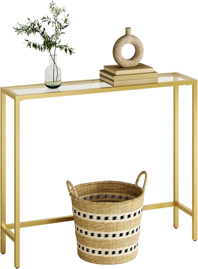 HOOBRO 29.5" Narrow Console Table, Tempered Glass Sofa Table, Small Side Table, Modern Entryway Table, for Entrance, Living Room, Foyer, Hallway Bedroom, Gold GD07XG01