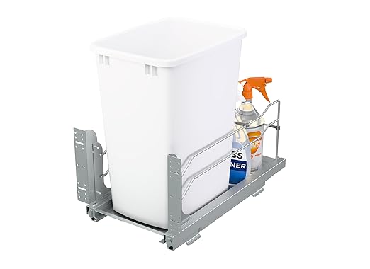 Rev-A-Shelf Pullout Trash Can for Base Kitchen Cabinets 35 Quart 8.75 Gallon with Soft-Close Slides and Rear Storage, White, 53WC-1535SCDM-111