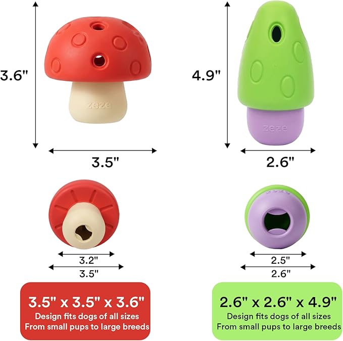 ZEZE Mushroom Treat Dispensing Dog Toy 2-Pack, Natural Rubber Slow Feeder Chew Toy, Interactive Puzzle for Boredom Relief & Feeding