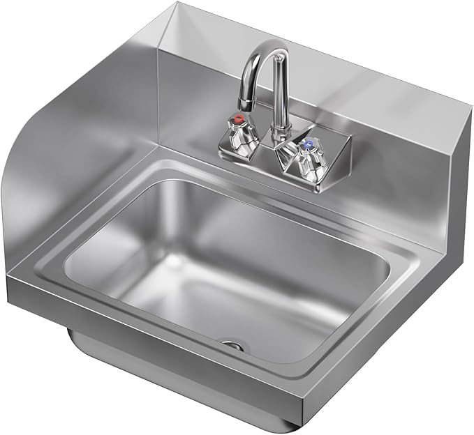 Stainless Steel Hand Sink with Right Side Splash Guard 15” x 17” | Commercial Wall Mount Hand Basin with Gooseneck Faucet, Strainer, Back Splash | NSF (Left Side Splash Guard)