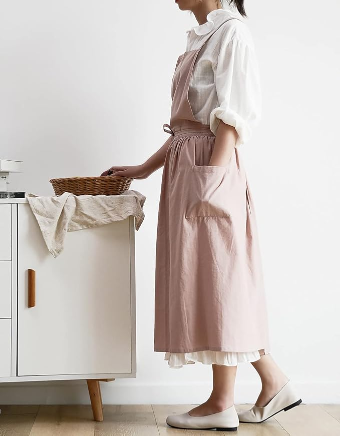 VLZUFE Women Cotton Linen Cross Back Apron with Pockets for Gardening Works Pinafore Dress