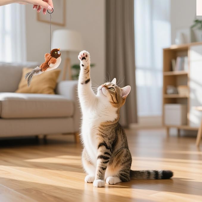 Small Flappy Bird Cat Toy, Interactive Flapping Chirping Wings (No Flying) Cat Toy, Simulated Sparrow Catnip Toy for Indoor Cats and Kittens, Sound on/Off Switchable, 5.51×4.72×1.97 Inches