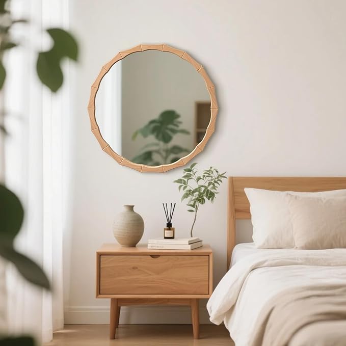 24" Circle Scalloped Mirror,Round Wavy Edge Wall Mirror for Bathroom,Nature Farmhouse Vanity Mirror with Bamboo Framed Hanging Leaning for Bedroom Living Room Entryway