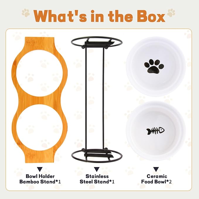 Elevated Adjustable Cat Bowl Set with 2 Dishes for Cats & Small Dogs - Anti-Vomiting,15° Tilted and Rasied Bowls with Non-Slip Design, Food-Grade Ceramic, Easy to Clean