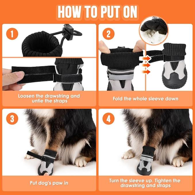 Lukovee Dog Shoes - Waterproof Warm Fleece Lined Dog Booties for Small Medium Large Dogs, Non-Slip Adjustable Dog Boot for Winter Cold Weather (HX,Size 6)