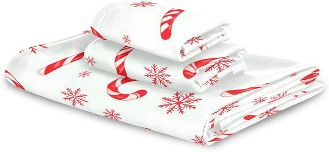 Pfrewn Christmas Winter Towels Set of 3 Red Candy Cane Snowflakes Bathroom Towel Soft Absorbent Bath Hand Towels Washcloth Guest Towel Sets Xmas Holiday Decor