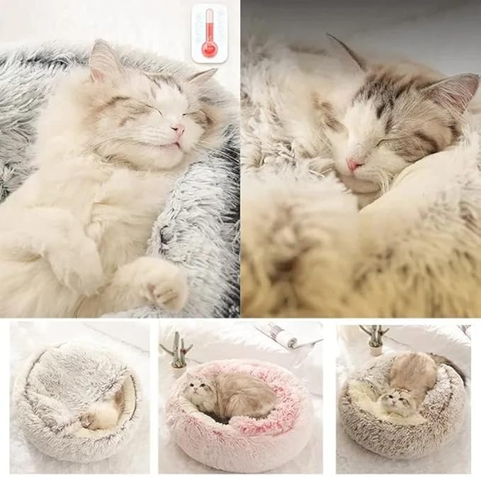 Cat Bed Round Fluffy Hooded Cat Bed Cave, Anti-Anxiety Cave Bed with Hooded Blanket, Cozy Cuddler Luxury Puppy Pet Bed, Anti-Slip Bottom and Machine Washable (Khaki, Large)