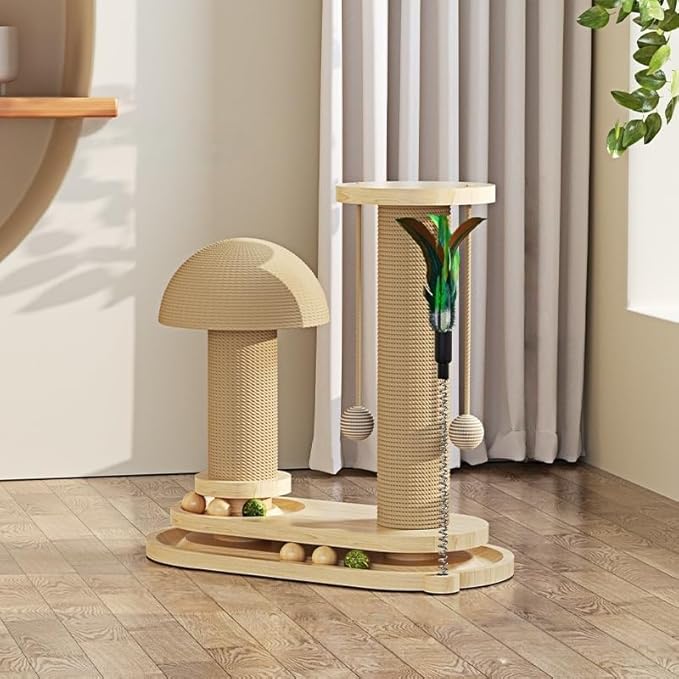 Mushroom Cat Scratcher, Cat Scratching Post for Indoor Cats Adults, Sisal Tall Cats Scratch Post with Hanging Ball and Interactive Wooden Ball