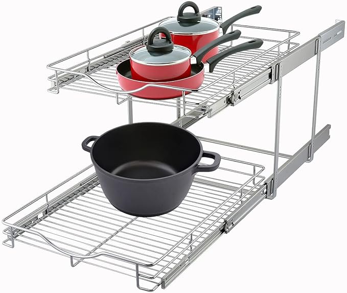 DINDON 2 Tier Pull Out Cabinet Organizer (11" W x 18" D) Heavy-Duty Metal Sliding Drawer Shelf, Two Tier Pull Out Shelves for Kitchen Cabinets, Pantry, Bathroom, Chrome Finish