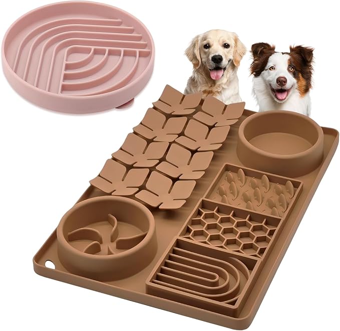 Slow Feeder Bowl Bundle: Brown 4in1 Licking mat + Pink Arch Slow Feeder, Silicone Lick Mat with Suction Cups, Snuffle mat for Dogs, Interactive Sniff Mat for Slow Eating and Keep Busy