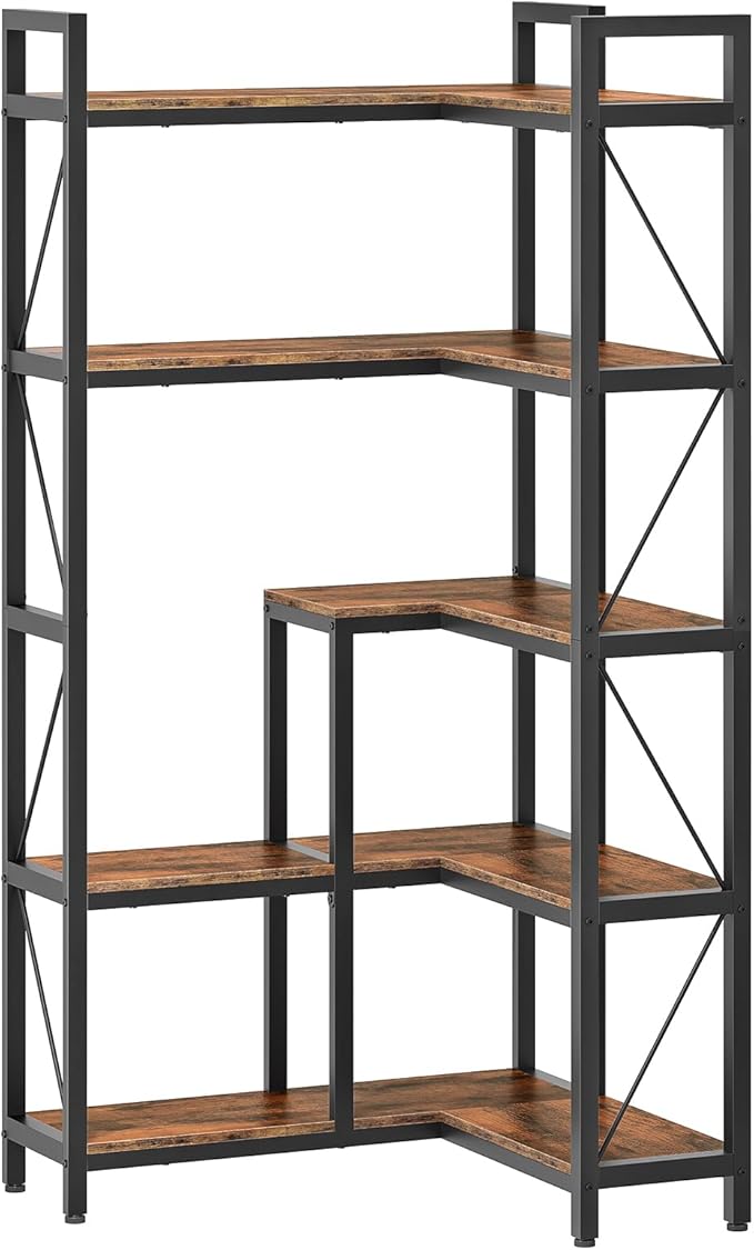 5-Tier Corner Bookshelf, 65.5'' Tall L-Shaped Bookcase, Corner Storage Stand with Metal Frame, Display Storage Rack, for Living Room, Home Office, Bedroom, Rustic Brown TSJ12BF