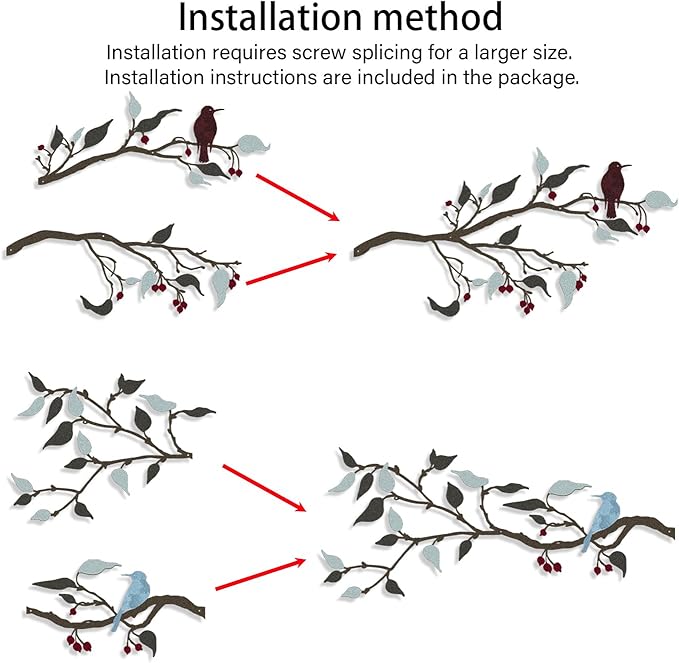 Harikikochuu 4PCS Metal Birds Wall Decor, Birds on the Branch Silhouette Art, Metal Leaves with Bird Outdoor Hanging Wall Sculpture for Home Office Balcony Garden Decor.(Colorful,Hummingbirds)