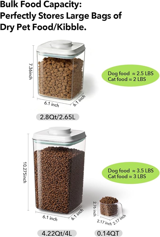Dog Food Storage Container with One-Touch Lid, 4.22 QT / 4.0 L BPA-Free Cat Food Storage Container,Stackable Durable PET with 130ml Scoop, for Kibble, Treats, and Precise Feeding