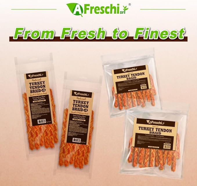 AFreschi Turkey Tendons for Dogs, USA-Sourced, Healthy Dog Treats, Rawhide-Free Puppy Chews, Long Lasting, All Natural, Hypoallergenic Dog Treats for Medium Breeds, 6 Count Pack Braid (M)