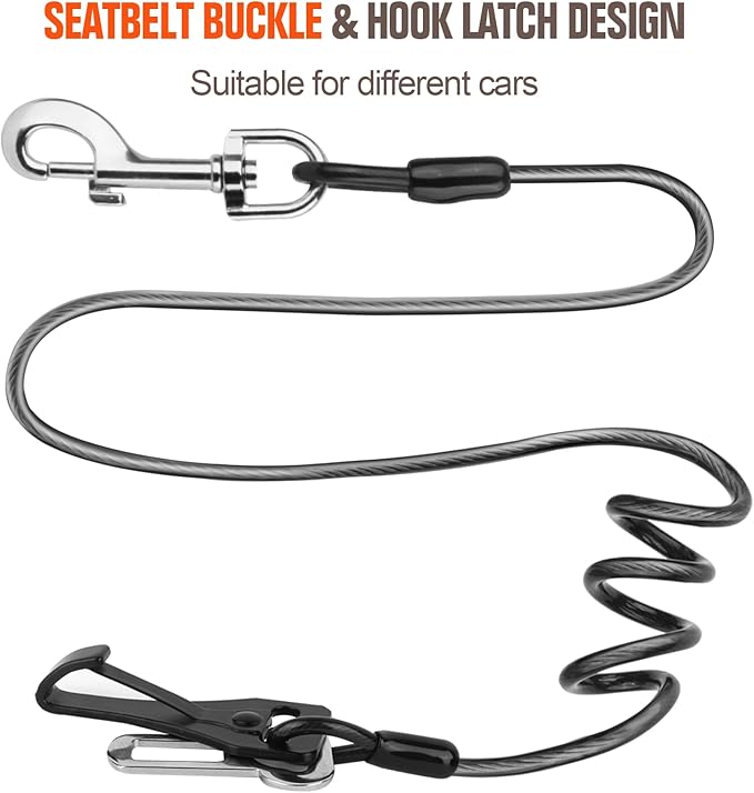 Seat Belt for Car, Chew Proof Leash 2 in 1 Steel Cable With Elastic Bungee Buffer Dog Seatbelt Harness Latch Bar Attachment Heavy Duty for Medium Large Dogs Chewer