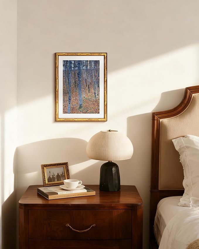 Vintage Gold Framed Canvas Wall Art 12x16 Inches Abstract Woodland Impressionist Artwork, Blue Orange Tones Landscape Painting, Modern Gallery Style Living Room Bedroom Office Bathroom Decor