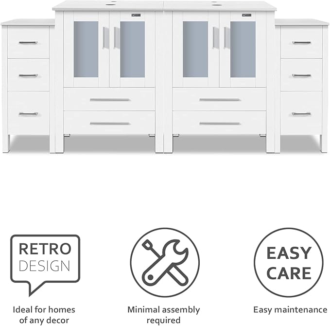 eclife 72" Modern Bathroom Vanity Sink Combo Freestanding Cabinet with Small Side Cabinet, Without Vessel Sink, Faucet, Drain (White Vanity Only)