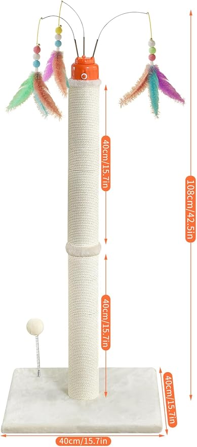 Cat Scratching Post,42.5" Tall Heavy Duty Cat Scratcher,Scratching Posts for Indoor Cats Adult with Interactive Cat Toys Automatic Teaser Wand and Rotating Hanging Balls