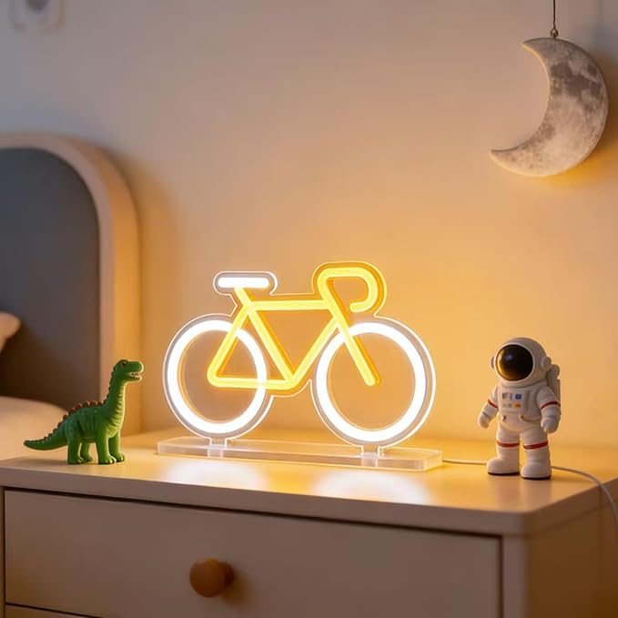 Bicycle Neon Sign Night Light - USB Powered Desk Lamp with 9-Level Brightness, Safe Soft Silicone LED Mood Lighting for Room Decor & Home Decor,Bedroom, Office,Aesthetic Gift for Cyclists & Home Decor Enthusiasts