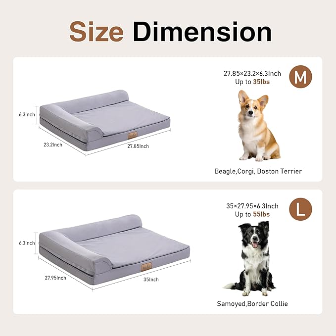 Dog bed size chart with dimensions and recommended dog breeds for each size.