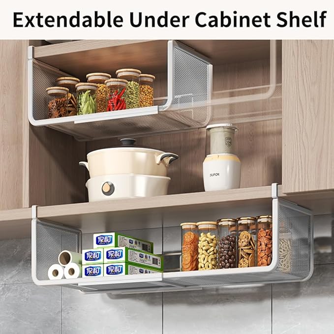 Expandable Under Shelf Basket Organizer, Under Shelf Storage, Hanging Baskets Under Cabinet for Pantry Kitchen Cupboard Desk Counter Bookshelf Space Saver Heavy Duty Slide-in (Black, 1 Pack)
