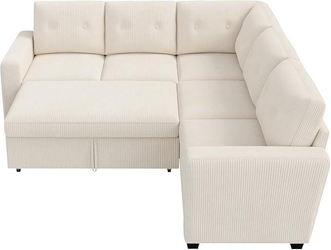 HONBAY 83.4 Inch U-Shaped Sectional Sleeper Sofa with Pull-Out Bed, 5-Seater Sectional Sofa for Living Room, Pet-Resistant Corduroy Couch, Beige