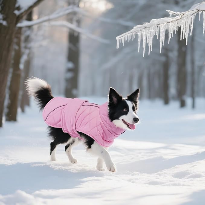 Kuoser Dog Jacket Warm Fleece Lined Dog Coats for Small Dogs, Waterproof Pet Coat Reflective Puppy Snowsuit with Harness Hole for Cold Weather Walking Hiking, Quilted Dogs Winter Vest, Pink, S