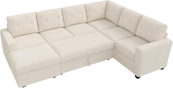 HONBAY 106.2 Inch U-Shaped Sectional Sleeper Sofa with Pull-Out Bed & Storage Ottoman, 7-Seater Sectional Sofa for Living Room, Pet-Resistant Corduroy Couch, Beige