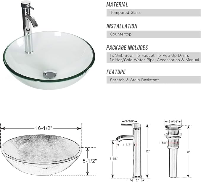 eclife 36" Modern Bathroom Vanity Sink Combo Freestanding Cabinet with Small Side Cabinet, Clear Round Glass Vessel Sink, Water Save Faucet, Drain (White+A16)