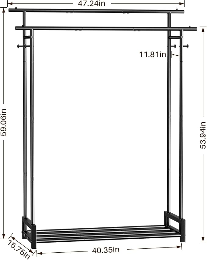 Clothes Rack for Hanging Cloth,Double Rods Metal Clothes Rack with Storage Shelf and Coat/Hat Hook, Freestanding Clothing Rack for Bedroom, Laundry, Cloakroom, Black