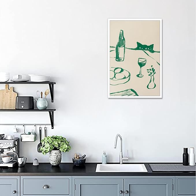 Sneaky Cat Wine Wall Art Funny Kitchen Animal Poster Whimsical Pet Wall Decor Abstract Scandi Dinner Sketch Prints Painting For Living Room Dining Room Wall Decor 16x24in Unframed